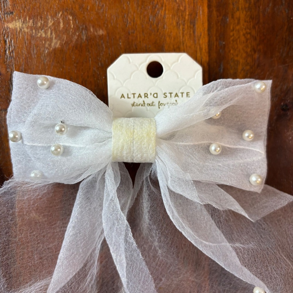 Altar'd State White Sheer Mesh Pearl Hair Bow Barrette Long Tail Bridal Coquette - Picture 3 of 7